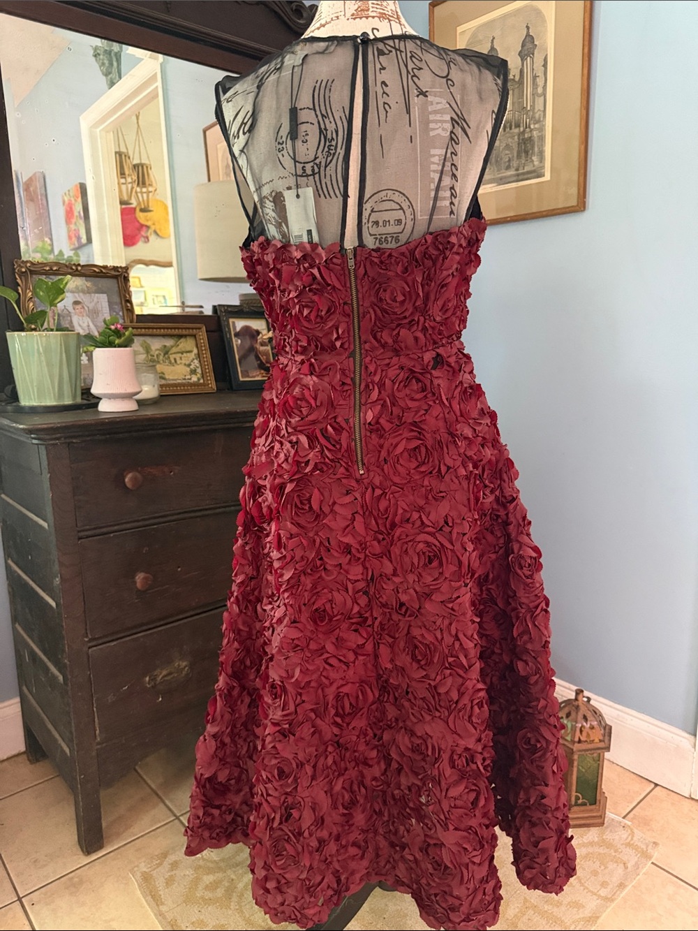 NWT Tracy Reese Burgundy Silk Rosette Floral Cocktail Dress Illusion Mesh Size 8 - Picture 8 of 16